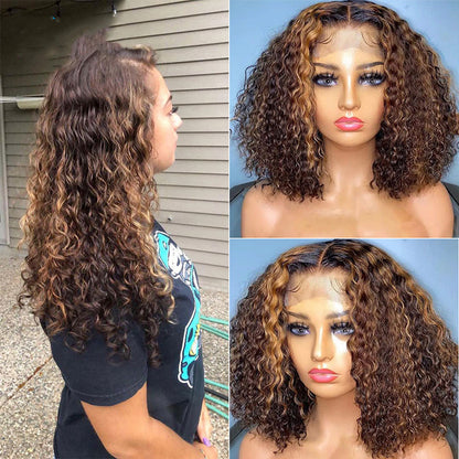 Piano-color Natural Curly Deep Wave Lace Wig