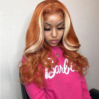 Skunk Stripe Ginger Blonde OmbreTransparent 13x4 Lace Front Wig Body Wave Lace Frontal Human Hair Wig