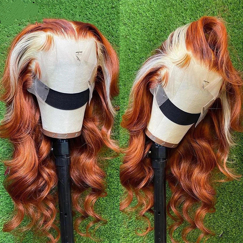 Skunk Stripe Ginger Blonde OmbreTransparent 13x4 Lace Front Wig Body Wave Lace Frontal Human Hair Wig